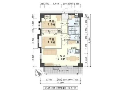 クレセール(2LDK/3階)の間取り写真