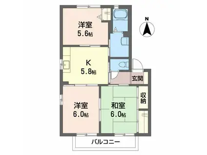 ディアコートA・B・C・D・E・F(3K/2階)の間取り写真