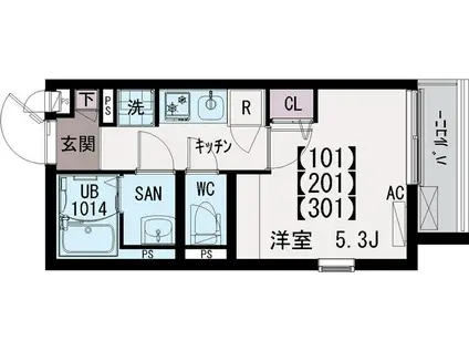 イクシオひばりヶ丘(1K/2階)の間取り写真