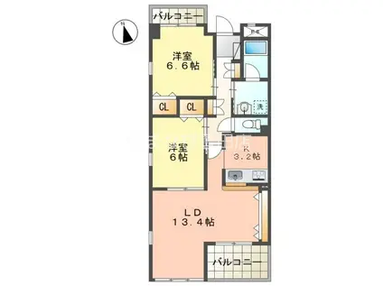 リジェールB棟(2LDK/2階)の間取り写真