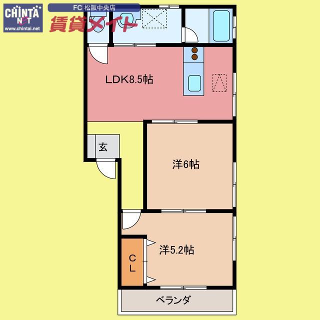 近鉄山田線 松阪駅 徒歩8分 2階建 築19年(2DK/1階)の間取り写真