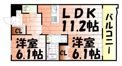 ニューシティアパートメンツ南小倉II(2LDK/1階)の間取り写真