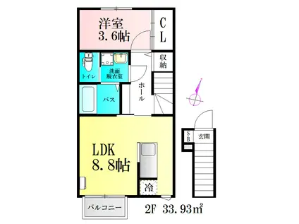 BAUアザヒガ(1LDK/2階)の間取り写真