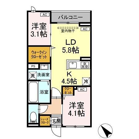 セレスティア白鳥(2LDK/2階)の間取り写真