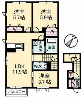ガーデンズ多治米B棟(3LDK/2階)の間取り写真