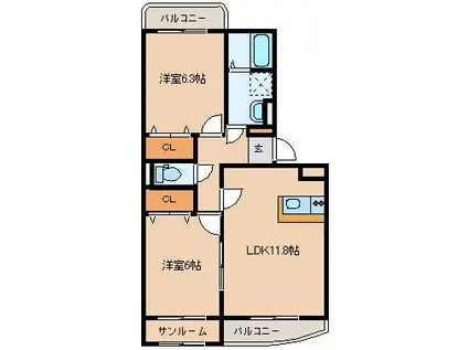 ユーミーマンション カシマ(2LDK/3階)の間取り写真