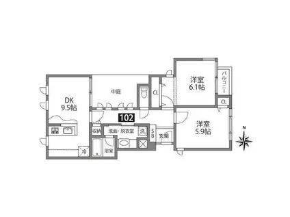 ラ・リュエル笹塚(2DK/1階)の間取り写真