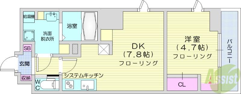 シエルエックス榴岡公園(1DK/8階)の間取り写真