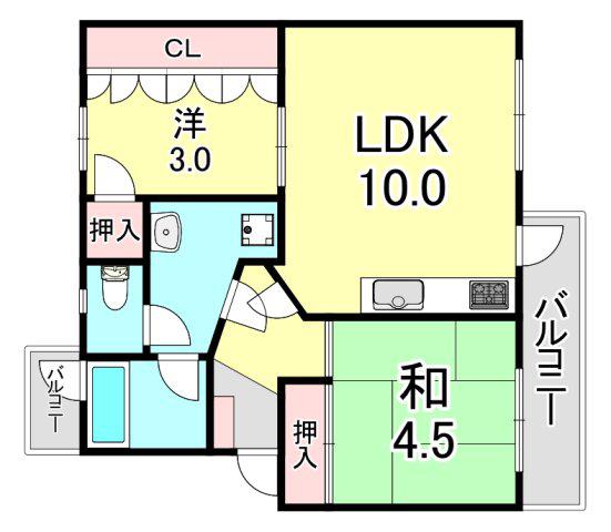 山陽電鉄本線 東須磨駅 徒歩14分 4階建 築62年(2LDK/2階)の間取り写真