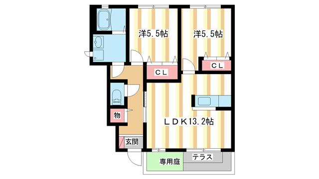 ラフィナート B棟(2LDK/1階)の間取り写真