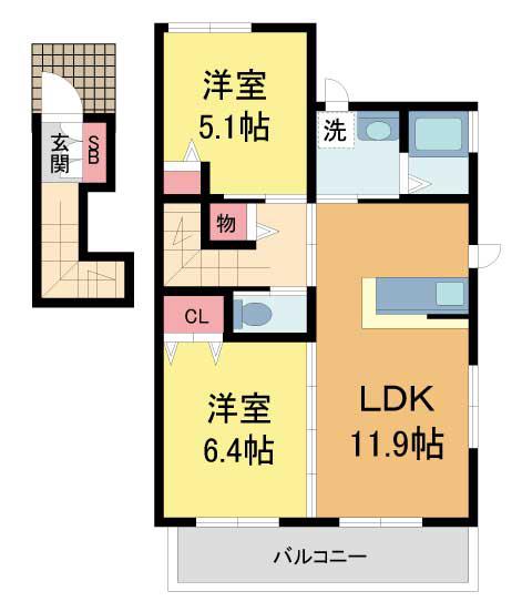 アミコート小林(2LDK/2階)の間取り写真