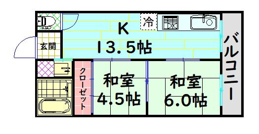シャトー川庄(2LDK/2階)の間取り写真