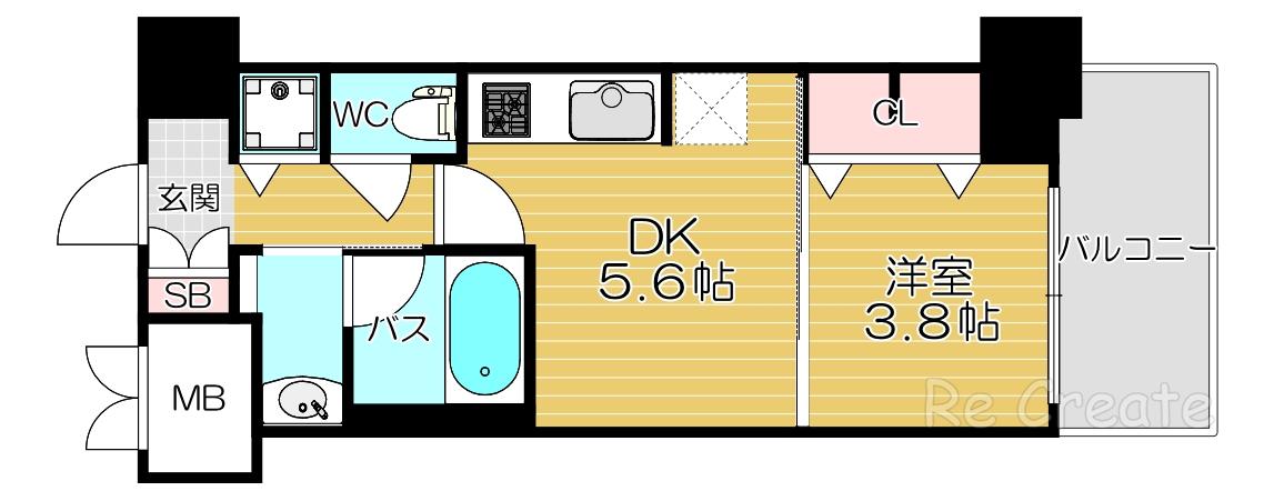 ラクラス本町東(1DK/5階)の間取り写真