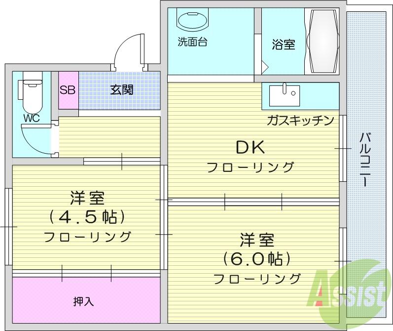 ビレッジハウス仙台鶴ケ谷二丁目17号棟(2DK/4階)の間取り写真