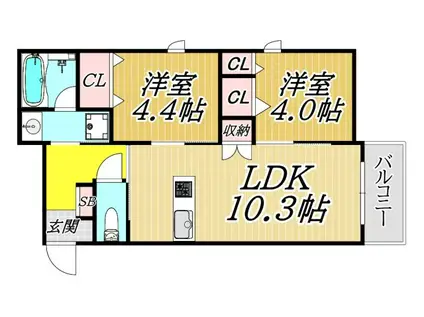 西宮市甲子園七番町へーベルメゾン(2LDK/1階)の間取り写真
