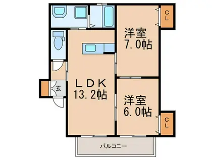 アドバンテイジ柚須東B(2LDK/1階)の間取り写真