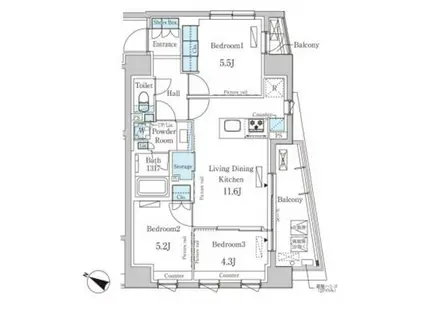 パークアクシス日本橋浜町レジデンス(3LDK/11階)の間取り写真