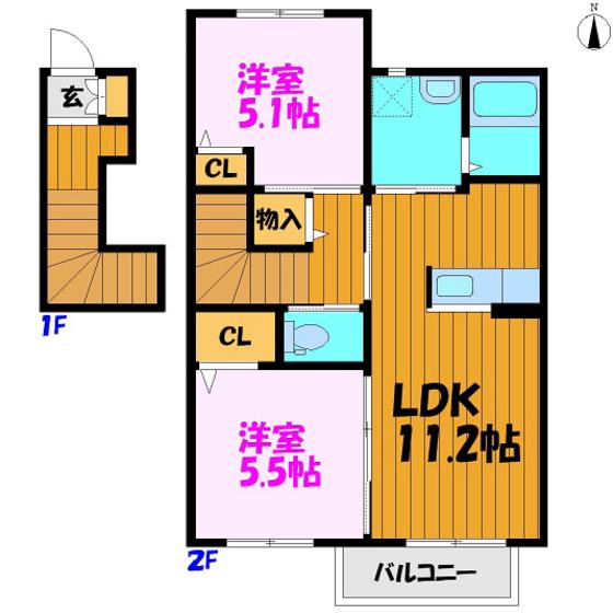 ベルメゾン桑野A(2LDK/2階)の間取り写真
