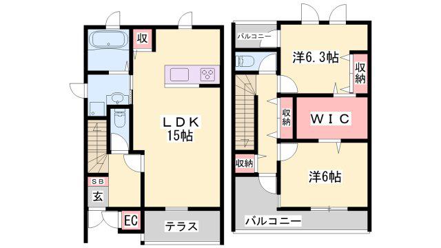 OA FLAT西庄 イーストI(2LDK/1階)の間取り写真