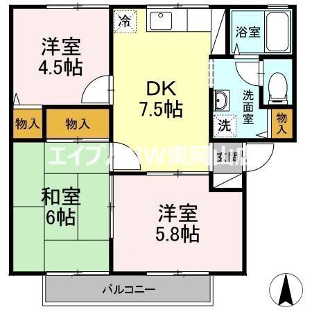 ミル・フルールB棟(3DK/2階)の間取り写真