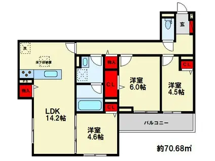 トリシア 東大利(3LDK/3階)の間取り写真