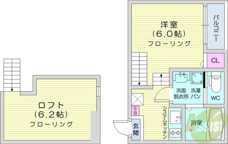 ハーモニーテラス新田7(1K/2階)の間取り写真