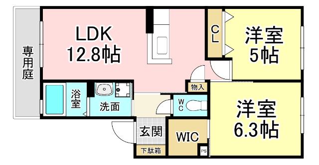 クラヴィエ三萩野I(2LDK/1階)の間取り写真