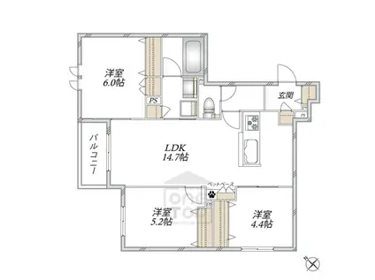 豊中市中桜塚3丁目ヘーベルメゾン(3LDK/2階)の間取り写真