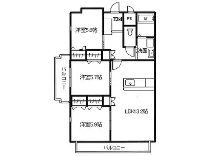 ウエルス小野田II(3LDK/4階)の間取り写真