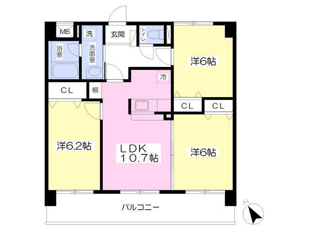 アバンサール市名坂(3LDK/4階)の間取り写真