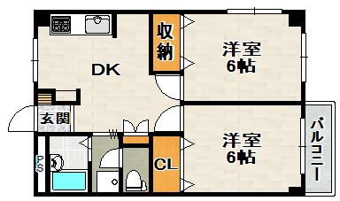 宝旭ハイツ(2DK/2階)の間取り写真
