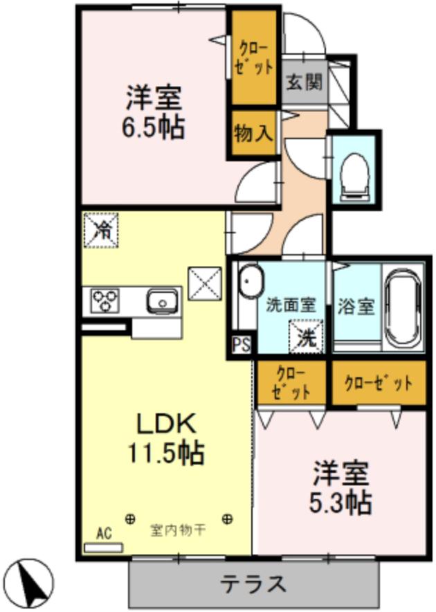 西武池袋線 ひばりケ丘駅(東京) バス乗車時間：20分 最寄りバス停で下車 徒歩5分 2階建 築7年(2LDK/1階)の間取り写真