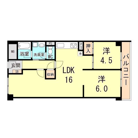 ユニハイツ朝霧(2LDK/4階)の間取り写真