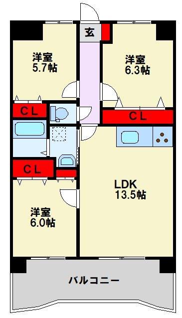 サンディエゴ永野V(3LDK/3階)の間取り写真