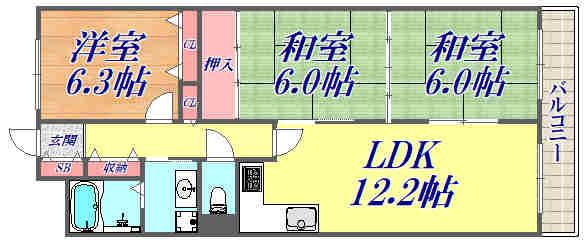 ボナール有堀(3LDK/3階)の間取り写真