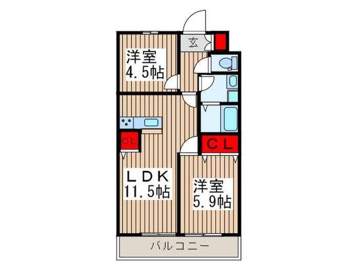 ドゥ・ボヌール(2LDK/2階)の間取り写真