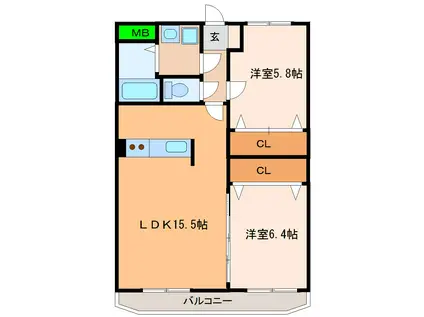 ラヴィベール竹田II(2LDK/4階)の間取り写真