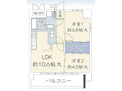 ブリエウメキタ(2LDK/6階)の間取り写真