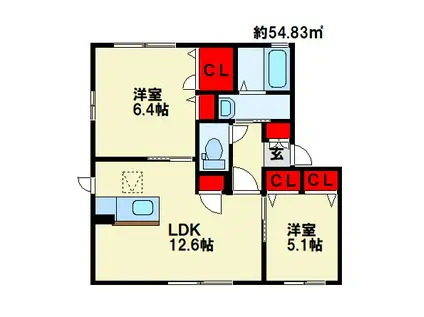 シティパル長行C棟(2LDK/1階)の間取り写真