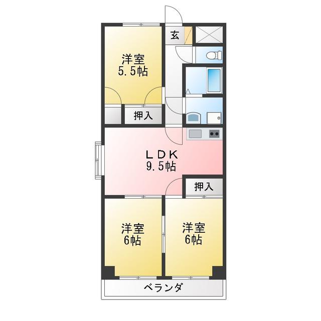 ベルハイム城山(3DK/1階)の間取り写真