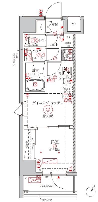 クレイシアアイズ川崎ザ・テラス(1DK/2階)の間取り写真