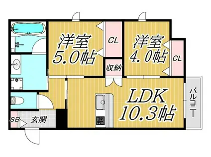 西宮市甲子園七番町へーベルメゾン(2LDK/2階)の間取り写真