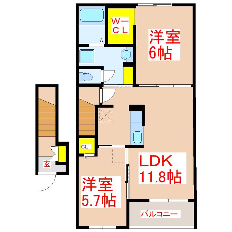 アルドール アサヒ II(2LDK/2階)の間取り写真