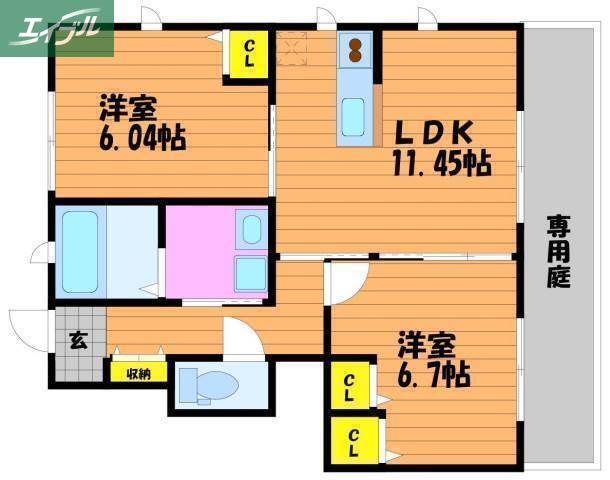 ロイヤルヒルズ A棟(2LDK/1階)の間取り写真