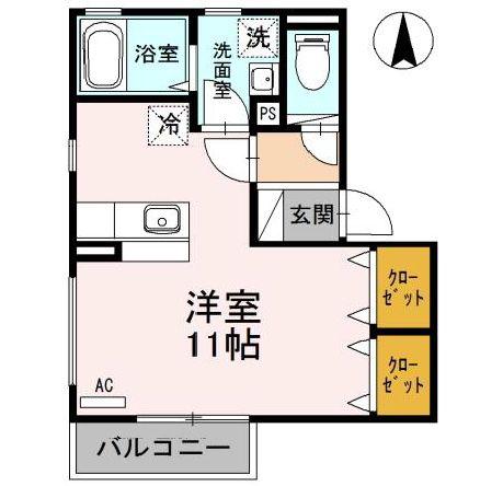 シルクコートC棟(ワンルーム/1階)の間取り写真
