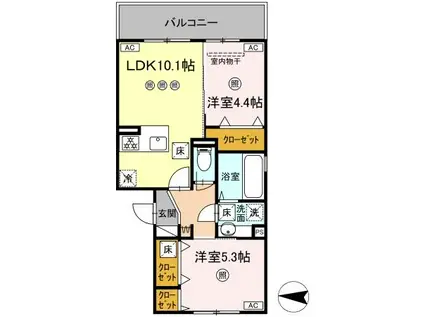 アクアフェリーチェ B棟(2LDK/1階)の間取り写真