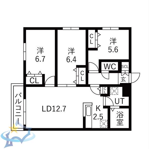 ZABO HILLS 旭山公園通(3LDK/2階)の間取り写真