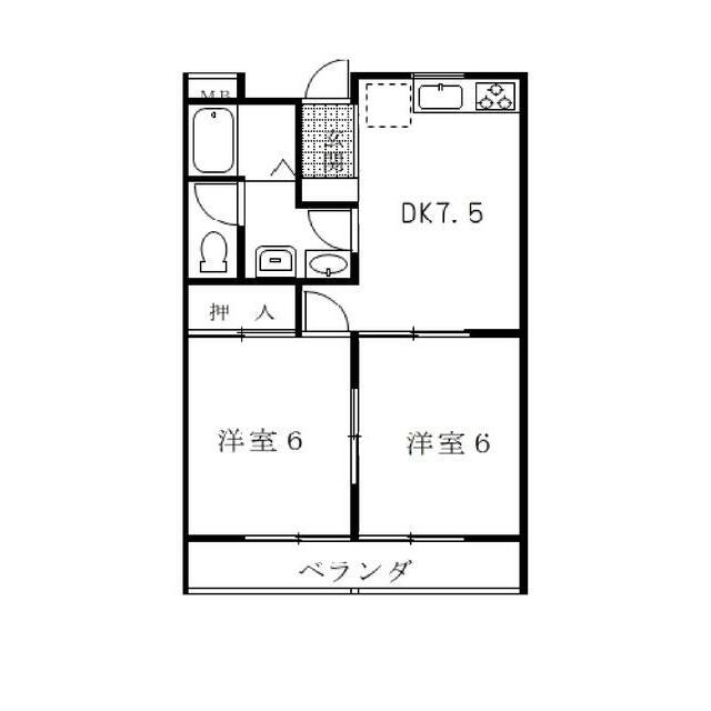 ヴェルビ北原台II(2DK/1階)の間取り写真