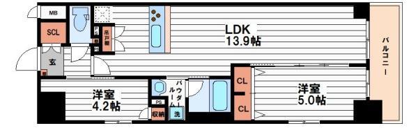 スプランディッド上本町ウエストII(2LDK/4階)の間取り写真