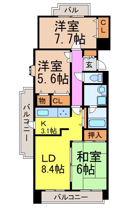 クレスト石川橋(3LDK/3階)の間取り写真